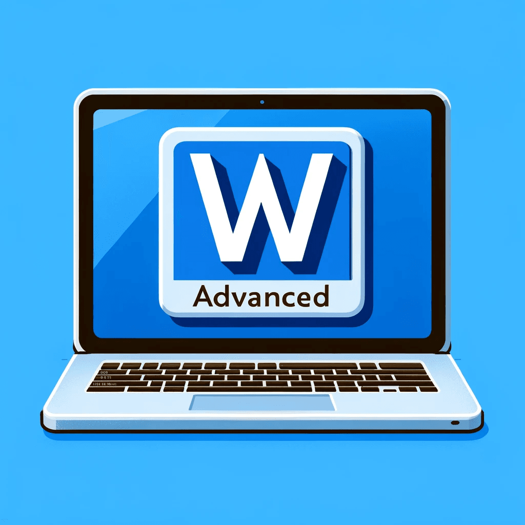 Illustration of a laptop displaying the Word logo with 'Advanced' badge for the Advanced Word 2019/365 course module.
